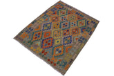 Flat Weave Kilim Antique Navaho Vintage handmade Geometric Kilim Brown Blue Hand-Woven Rectangle 100% Wool Area Rug 5x7